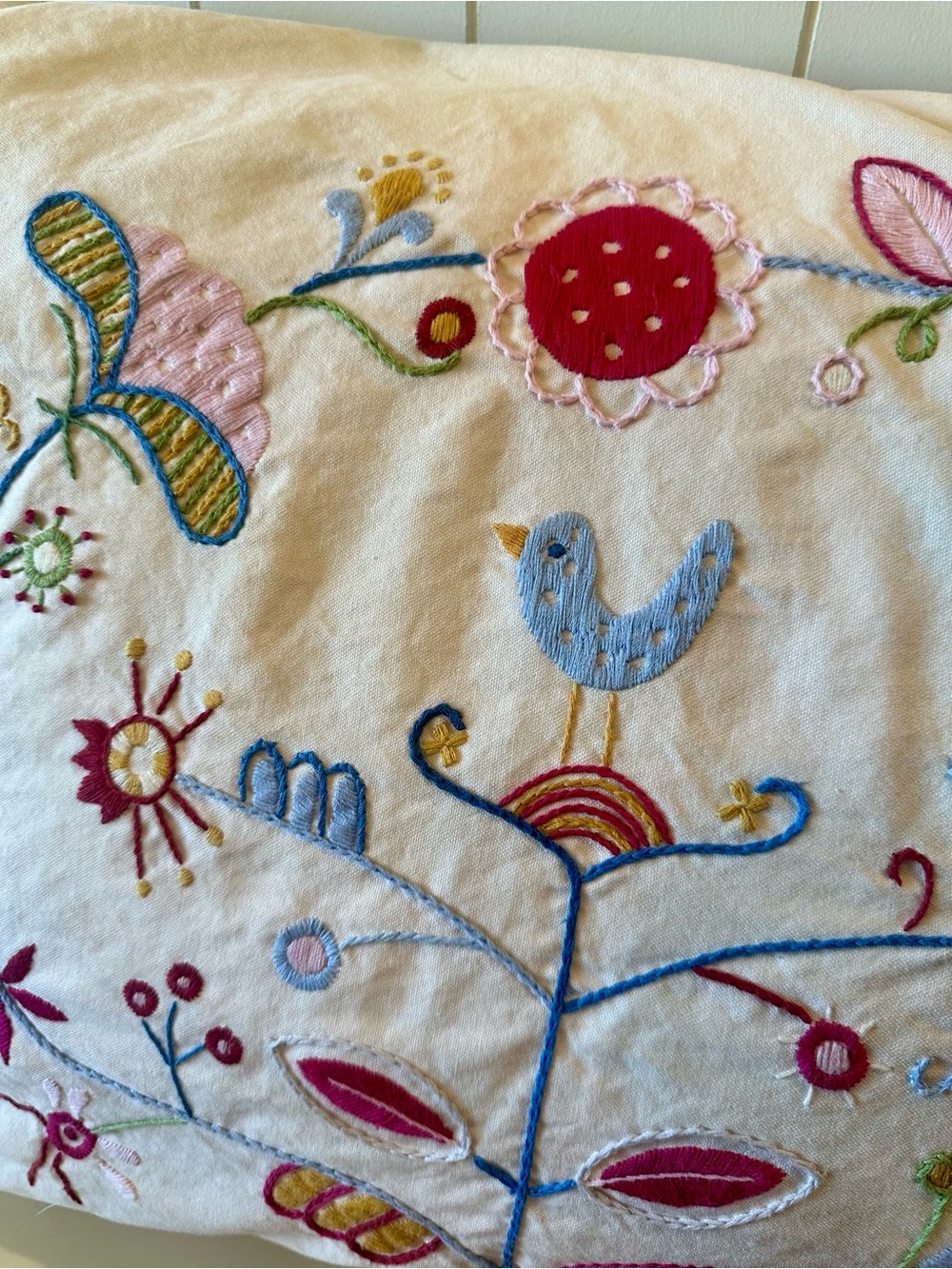 IKEA Embroidered White Accent Pillow with Blue, Pink, Yellow and Red Accents - Picture 3 of 6